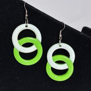 Green and White Vintage Earrings Plastic Neon 1980s Retro Hook Neon Colorful